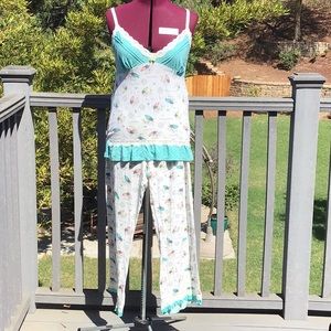 PJ Salvage Super soft 2 pc cami and lounge pant with bird print Sz XL Teal & Whi